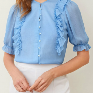 Blusa lisa abotonada con ribete de volantes