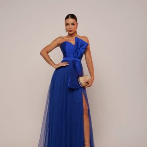 Maxi dress elegante strapless con falda brillo