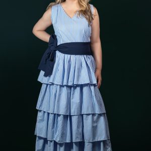 Vestido largo rayas azules con cinturón de tela- Crucero