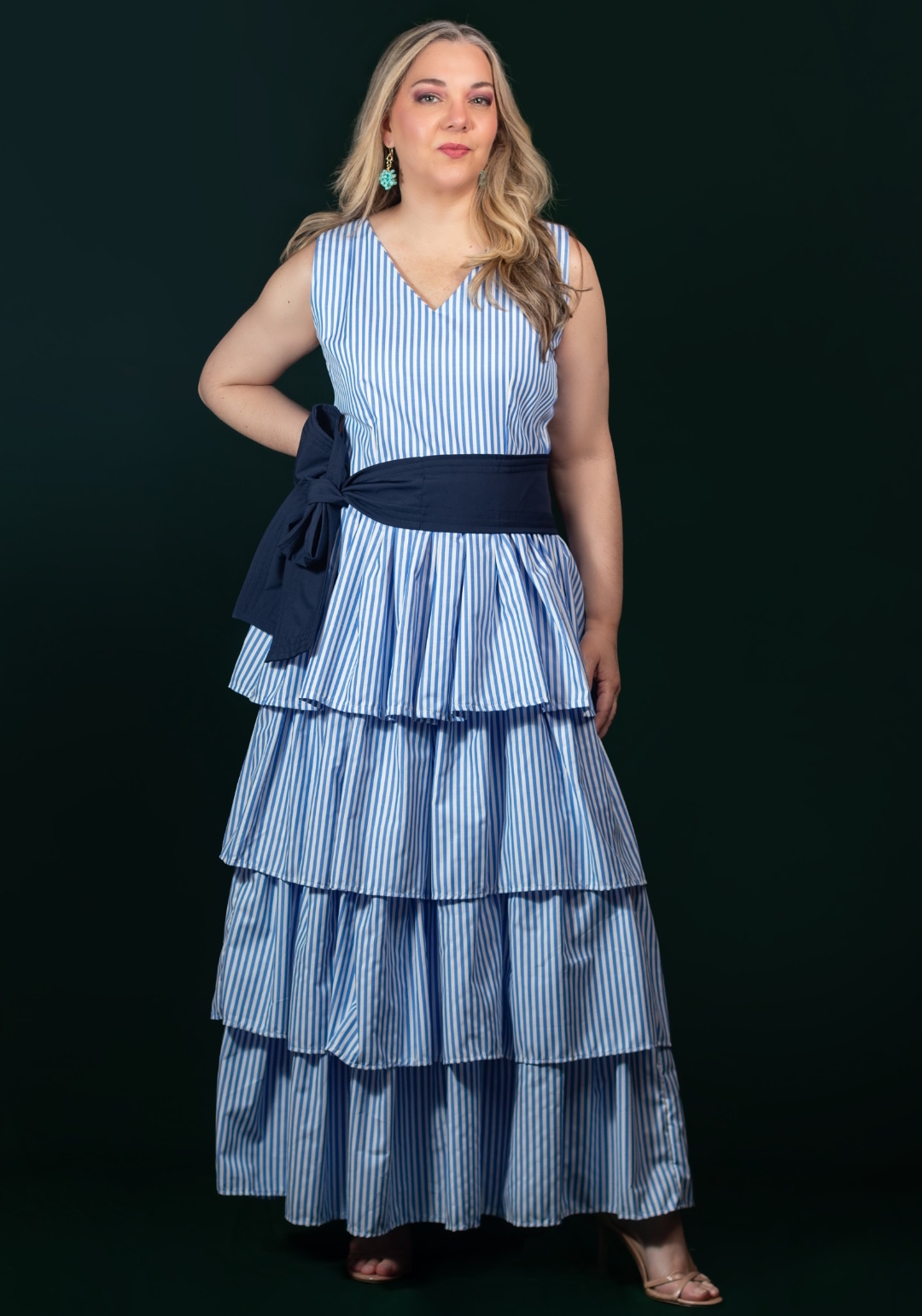Vestido largo rayas azules con cinturón de tela- Crucero
