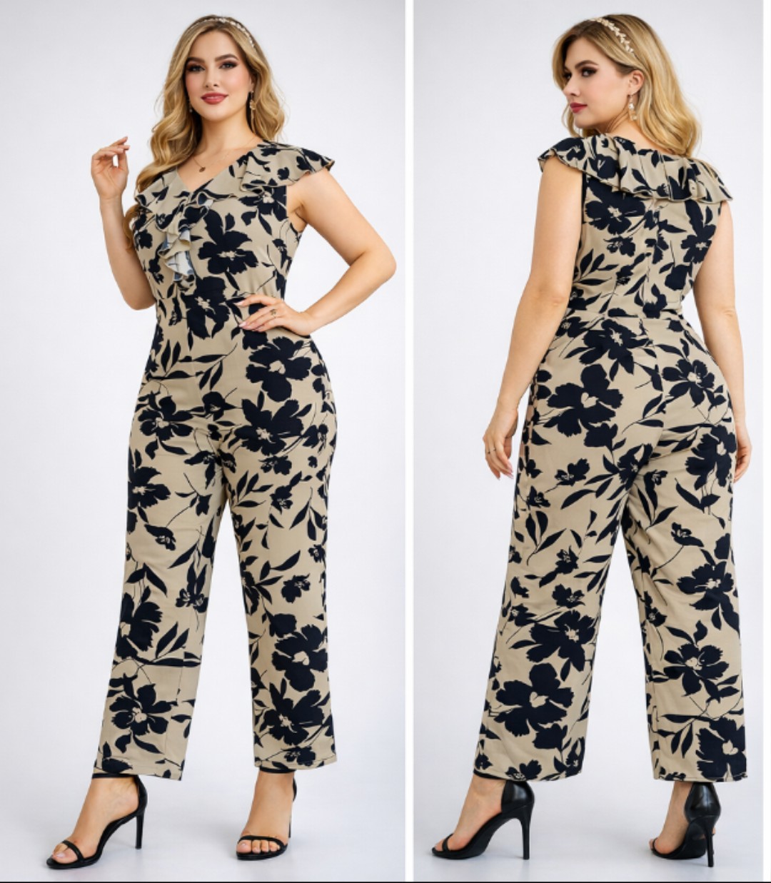 Jumpsuit crema con diseño floral negro cuello V con rucha - Imagen 2