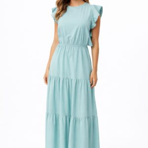 Vestido maxi con ruchas en manga y escote en espalda