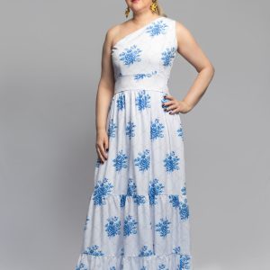 Maxi dress one shoulder print flores azules - Lumina Collection