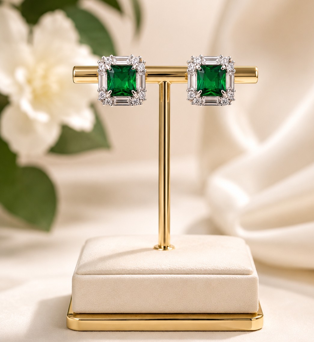 Pendientes cuadrados con piedra verde esmeralda y zirconia