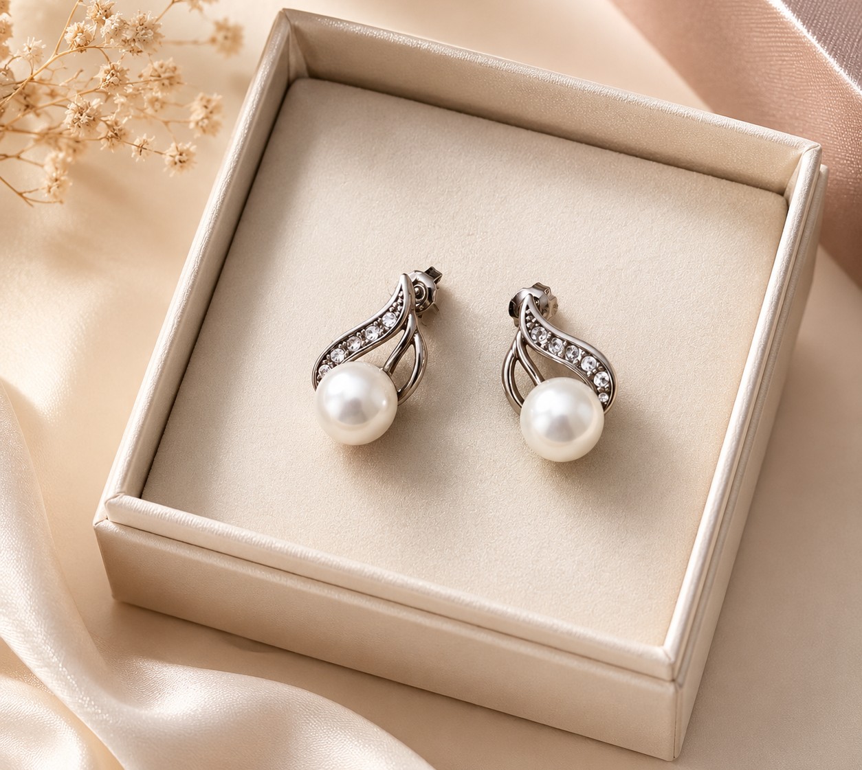 Pendientes en forma de hoja con perlita plateado