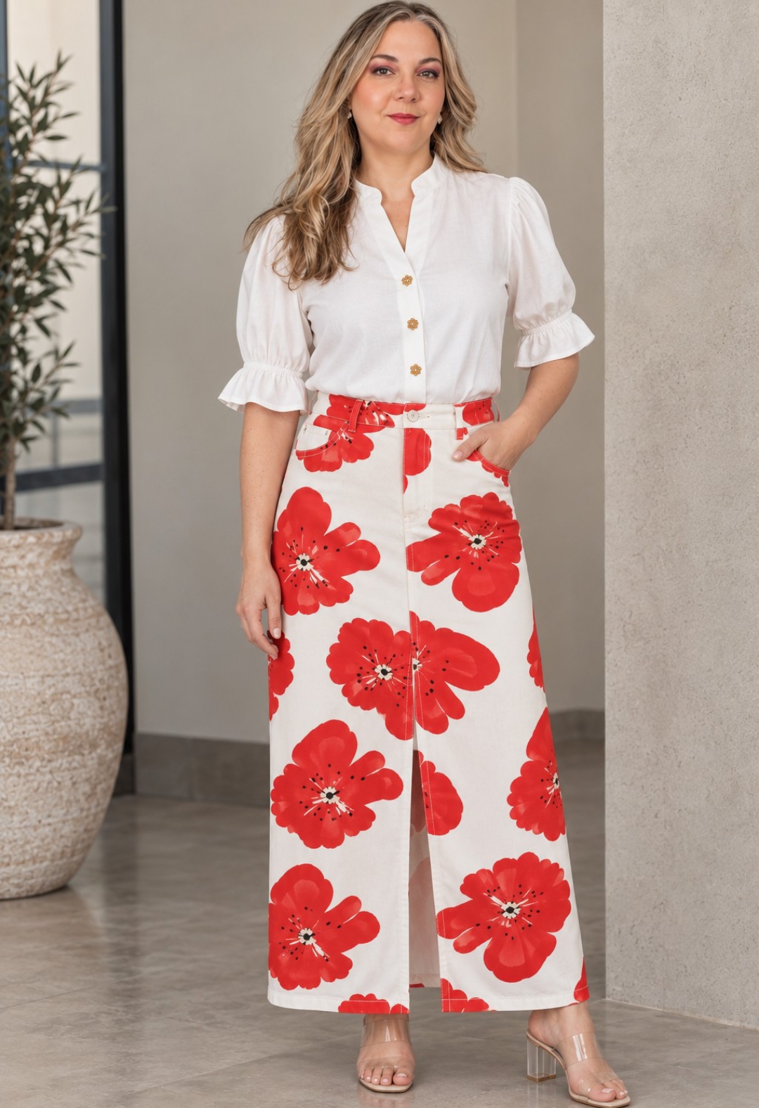 Falda jeans midi con abertura delantera