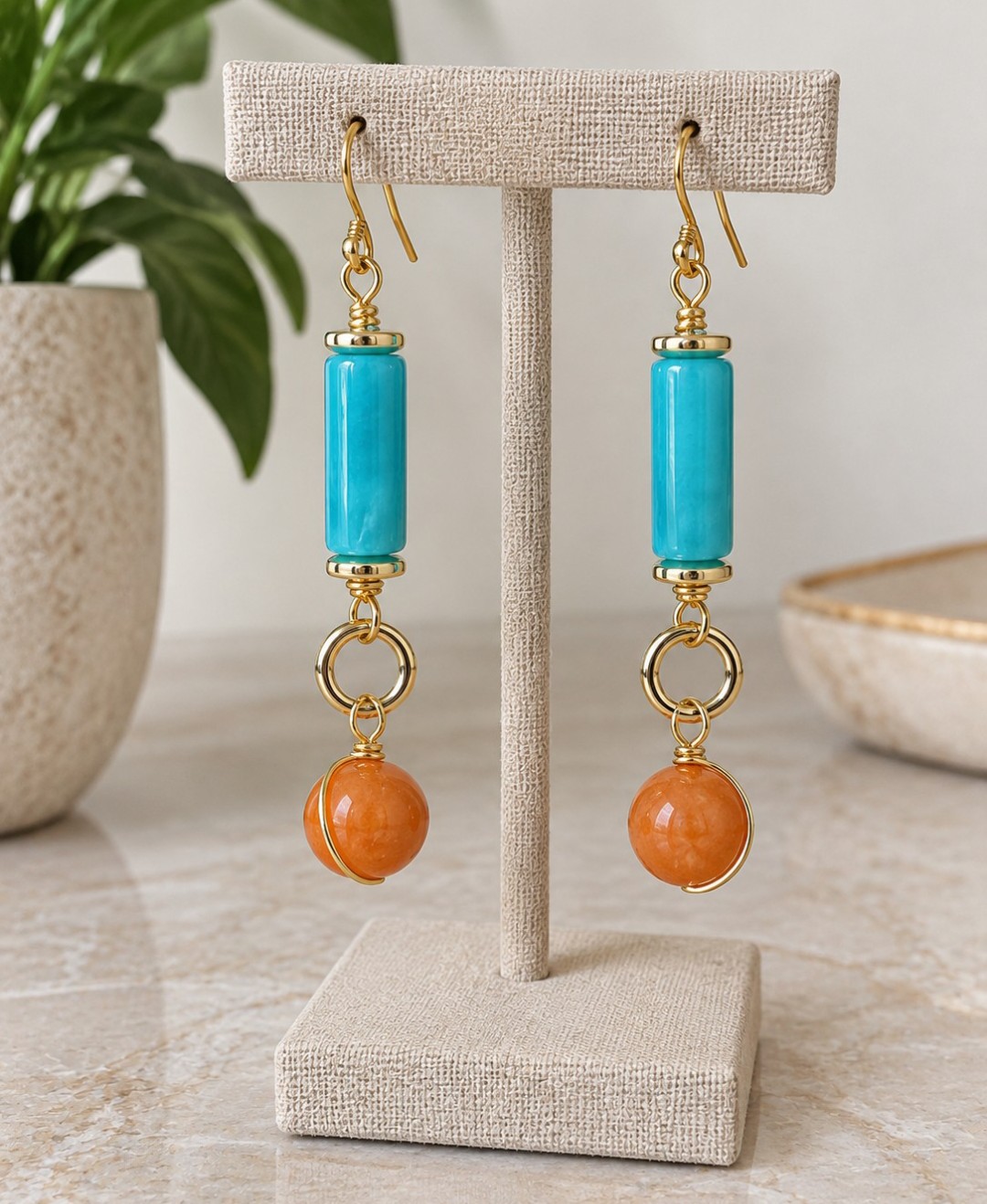 Pendientes largos con detalles turquesas