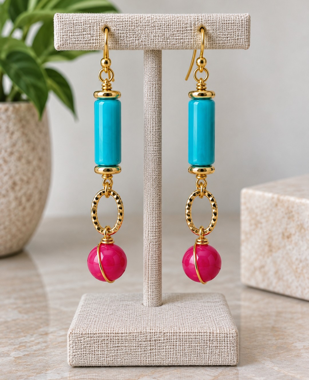 Pendientes largos con detalles turquesas - Imagen 2