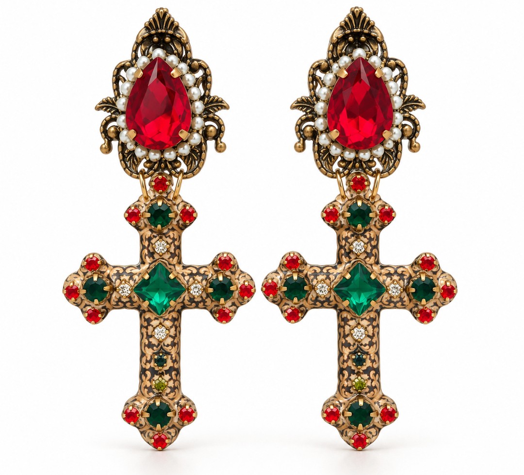 Aretes estilo Barroco con cruces y pedrerías - Imagen 2