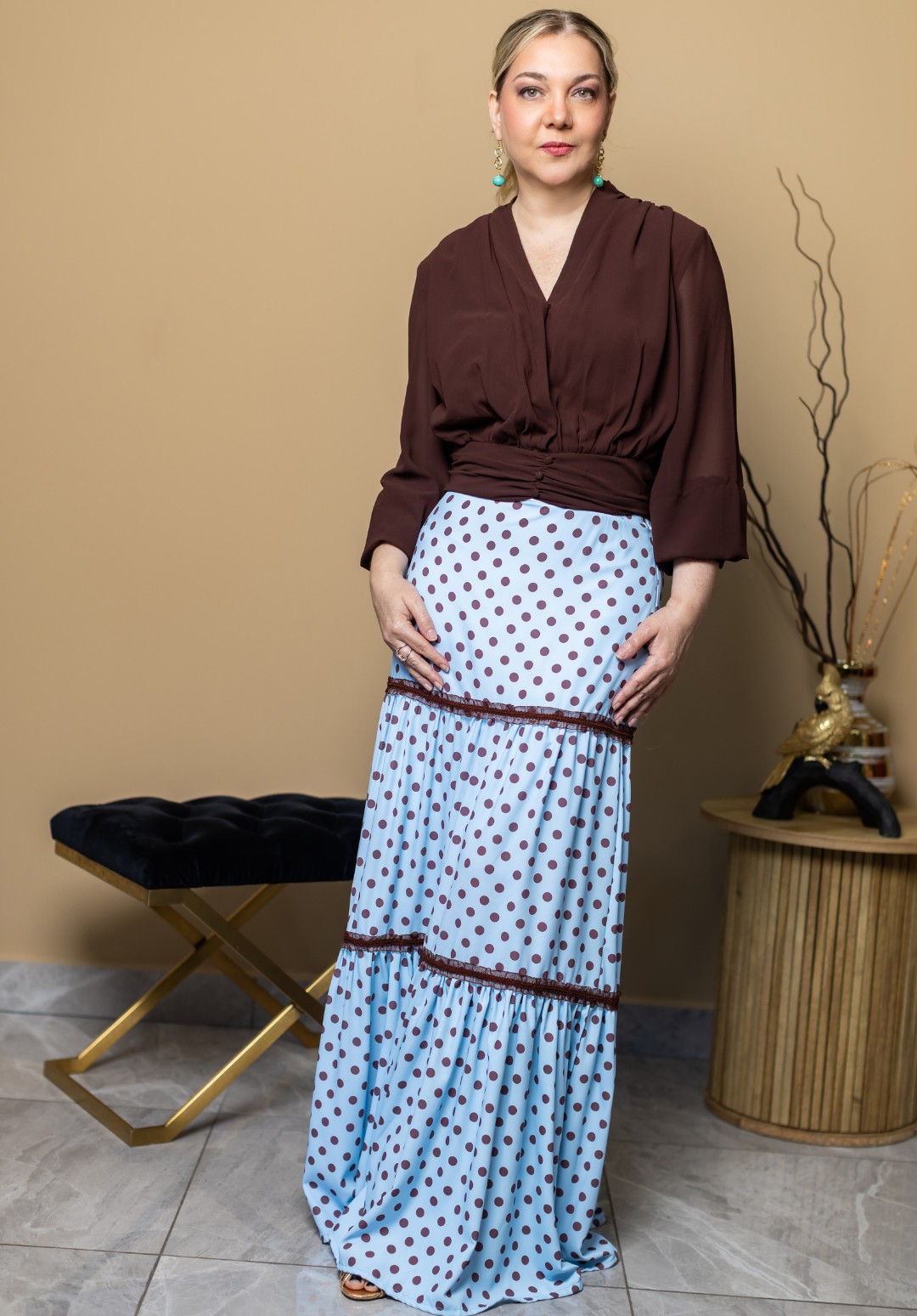 Maxi falda polka dots con encaje en cintas y volantes en dobladillo CAVA